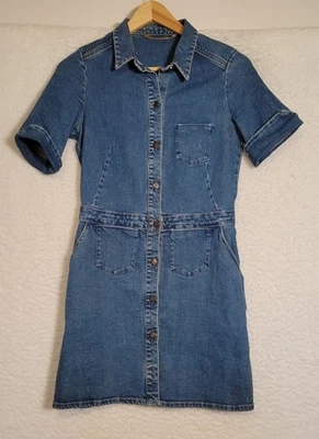 Zara Mini Dress Medium Blue Denim Button Front Stone Wash Pockets Stretch 0864 - Image 1 of 4