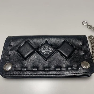 Harley-Davidson Cartera de Cuero Cadena Puntada Diamante Negra Logo de Motocicleta Foto 1 de 4
