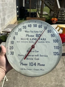 RARE Blue Line Taxi Service Thermometer Sign Casper Wyoming Glass Phone 80 - Picture 1 of 7