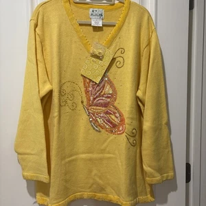 VTG. QUACKER FACTORY KNITS QVC YELLOW V-NECK SEQUIN BUTTERFLY SWEATER 2X NWT - Picture 1 of 21
