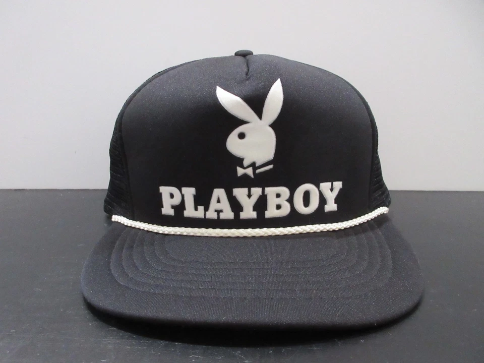 VINTAGE Playboy Hat Cap Snap Back Black White Bunny Rope Trucker Mesh Mens 80s - Image 1 of 4