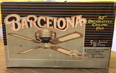NOS Vintage Barcelona 52" Retro Ceiling Fan Antique Brass Wood Grain Cane Blades - Image 1 of 4