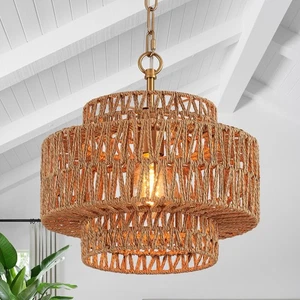 12.6" Hand-Woven Rattan Pendant Light Fixture Vintage Farmhouse Boho Bamboo P... - Bild 1 von 9