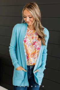 Women's Light Blue Long Sleeve Waffle Knit Open Front Cardigan S NWT - Picture 1 of 4