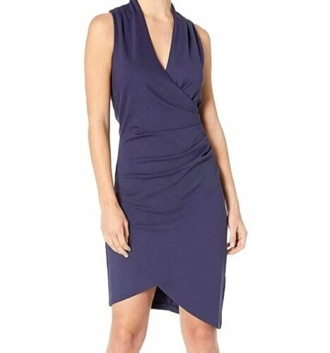 Nicole Miller Womens Navy Sleeveless Knee Length Faux Wrap Evening Dress S