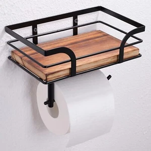 Rustic Farmhouse Toilet Paper Holder with Wood Shelf: Black Metal, Bathroom Acce - Picture 1 of 3