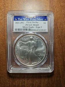 2021 (W) $1 Silver Eagle First Strike Type 2 PCGS MS69 West Point Label & Mint - Picture 1 of 4