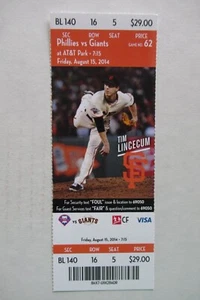 SAN FRANCISCO GIANTS VS PHILLIES 8/15/2014 FULL TICKET ~ TIM LINCECUM - Picture 1 of 1