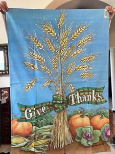 Light Blue Give Thanks Fall Autumn Toland Garden Flag 23" x 35" Pumpkins Wheat - Picture 1 of 5