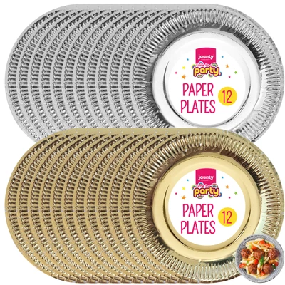 SOL 12-48pk Gold Silver Paper Plates 9 Inch Round Disposable Party Tableware Events