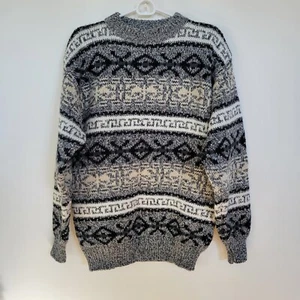 Vintage Sweater L Gray Black Tan White Geometric Pattern L Kenneth Roberts 80s - Picture 1 of 5