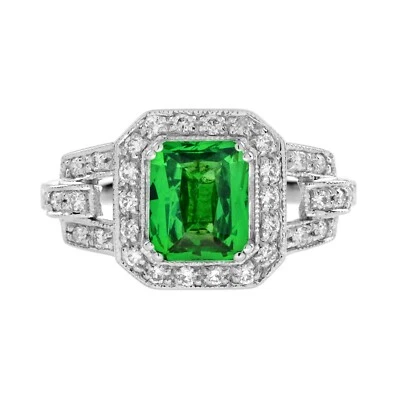 Anillo de compromiso de diamantes y tsavorita natural de oro blanco de 18 quilates  Foto 1 de 4