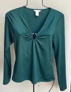 H&M Forest Green Gathered Bust Top Horseshoe Accent Woman’s Sz Med Long Sleeve - Picture 1 of 7