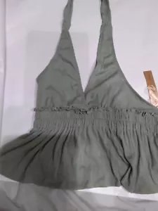 ALMOST FAMOUS Smocked Babydoll Tank Top Juniors' M Desert Sage V-neck Pullover~ - Picture 1 of 3