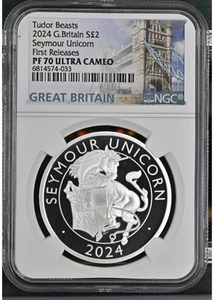 ๐บ๐ธ2024 GREAT BRITAIN 1OZ SILVER PROOF NGC PF70 TUDOR BEASTS SEYMOUR UNICORN#33 - Picture 1 of 6