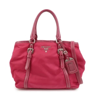 PRADA Logo Nylon Leather 2Way Bag Tote Bag Shoulder Bag Pink BN1841 Used F/S - Picture 1 of 24