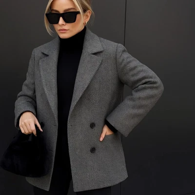 Jaqueta casaco vintage JG gancho cinza lã espinha de peixe peito duplo tamanho 14 ILGWU EUA - Imagem 1 de 4