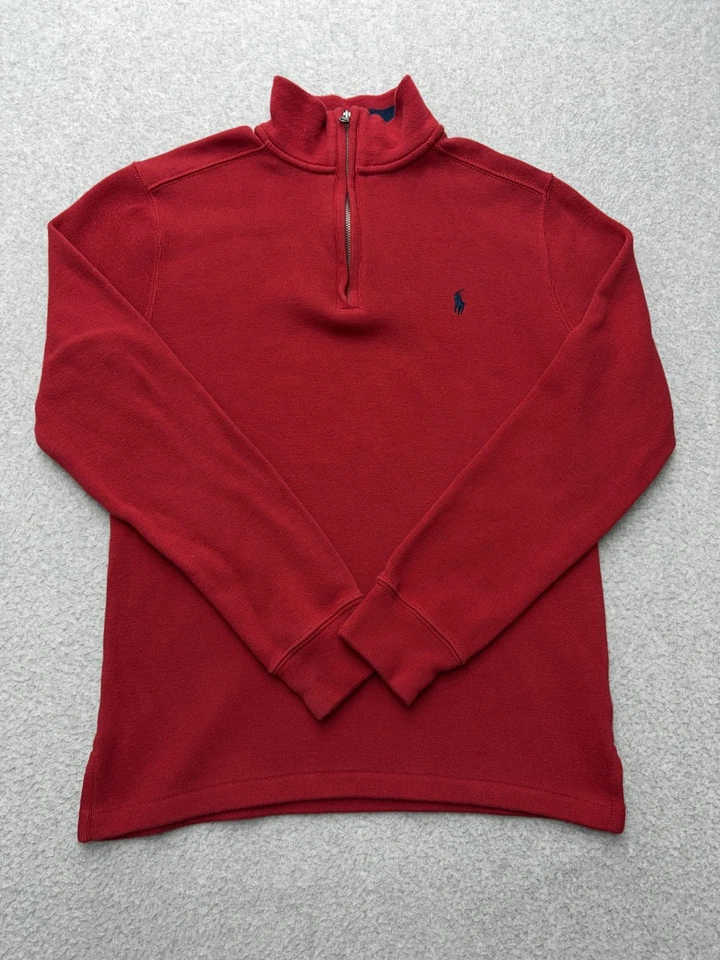 Polo Ralph Lauren Suéter Tejido Niños Grande Rojo Cuarto Cremallera Cuello Simulado Logo de Poni Foto 1 de 4