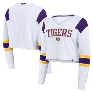 Women's Fanatics White LSU Tigers Training Camp Cropped Long Sleeve V-Neck - Picture 1 of 3