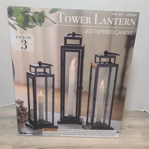 Tower Lantern Set of 3 – LED Tapered Candle Black Finish With Remote - Picture 1 of 3