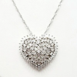 925 Sterling Silver Chain & Heart Pendant Cubic Zirconia Baguettes Prong Set - Picture 1 of 8