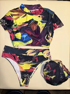 Women's 3 Piece Multicolor Bikini  Swimsuit Shirt Set With Bottom & Cover Small - Picture 1 of 22