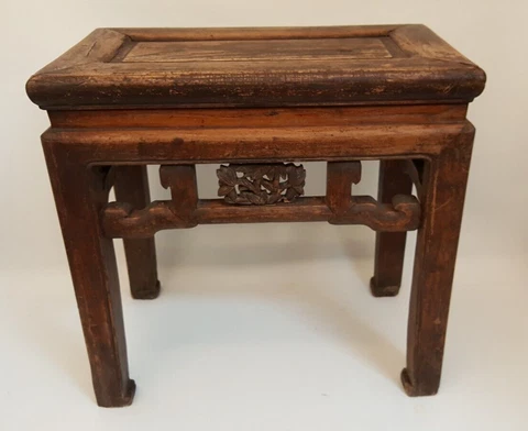 Antique 1920s handmade wooden stool Chinese carved floral accents sturdy 18" Cover