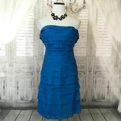 Antonio Melani Size 2 Solid Blue Strapless Dress Silk Cotton Cocktail Tiered B55 - Image 1 of 4