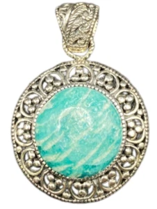Amazonite Crystal Stone Pendant Round Cabochon Shaped Silver Tone Metal Filigree - Picture 1 of 13