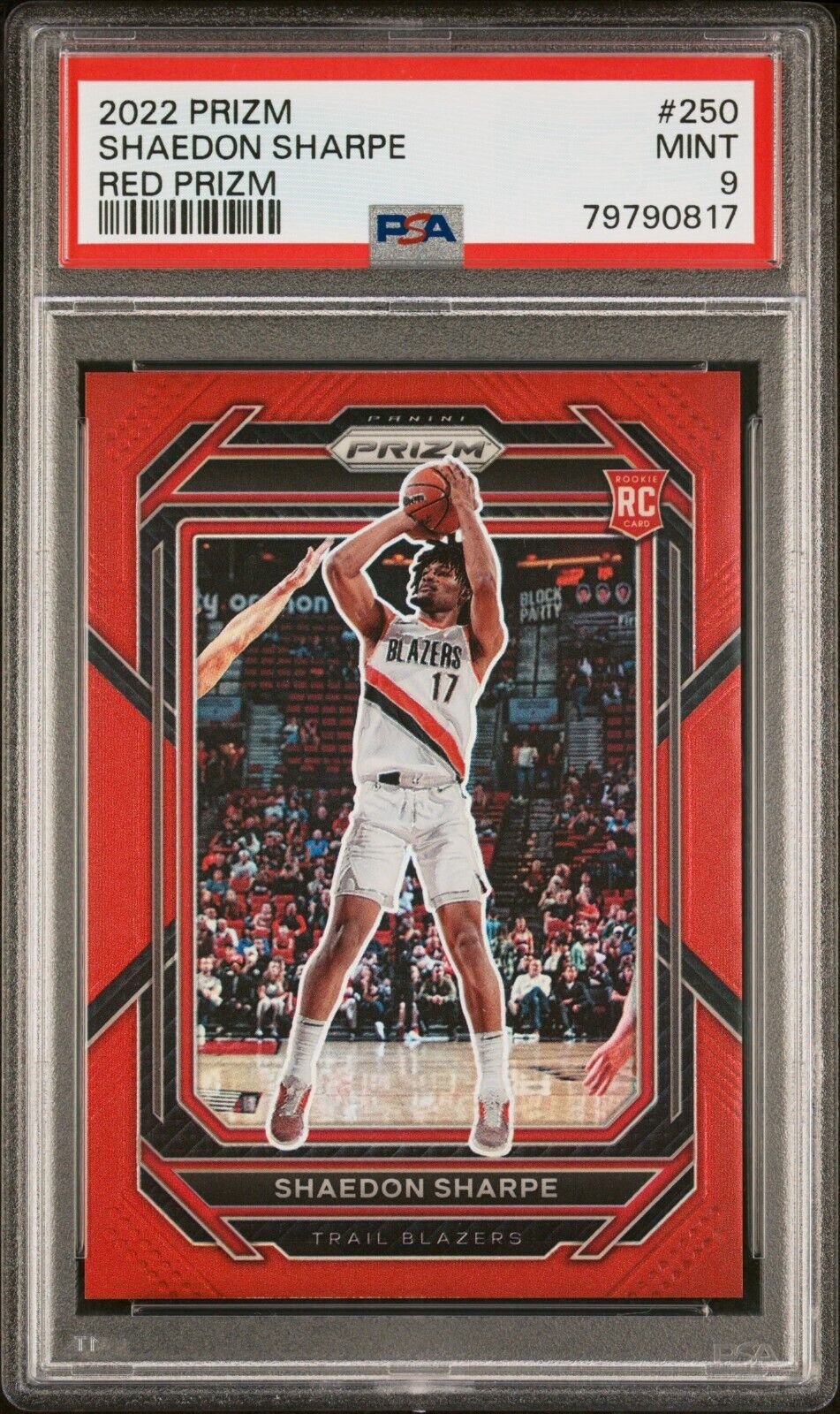 2022-23 Panini Red Prizm #250 Shaedon Sharpe Trail Blazers RC Rookie /299 PSA 9