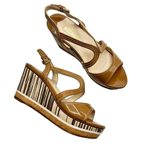 Prada Wedge Sandals Size 37 Camel Tan Patent Leather Wood Heel - Picture 1 of 13