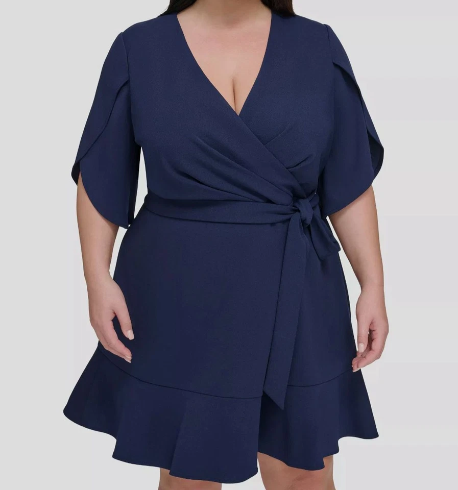 DKNY Women's Blue Tulip Sleeve Faux-Wrap Dress Plus Size 14W