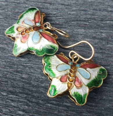 Pendientes Cloisonne Esmalte Mariposa 2 Caras Mejorados Llenos de Oro Alambres de Oreja Foto 1 de 4