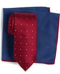 Hickey Freeman Mens Navy/Red Silk Tie and Handkerchief Pocket Square Set | NEW - Picture 1 of 4