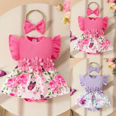 2PCS Newborn Baby Girls Floral Bowknot Ruffle Frill Bodysuit Romper Dress Set - Image 1 of 4