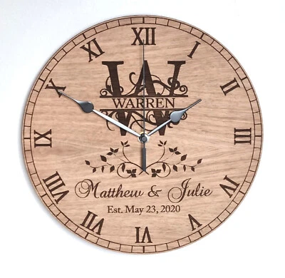 Personalised Oak Wooden Wall Clock Silent Wedding Anniversary Family Gift - Image 1 of 4