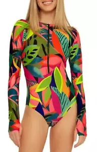 Trina Turk Rainforest Long Sleeve Paddle 1 Piece Swimsuit in Multi Size M - Picture 1 of 9