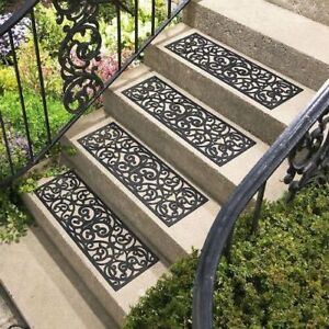 Set Of 4 Rubber Step Stair Mats Outdoor Non Slip Traction Scrolled Grip Treads 