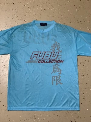 CAMISETA VINTAGE FUBU Hombres Grande Azul Manga Corta Años 90 Asiática Y2K Semi Transparente Foto 1 de 4