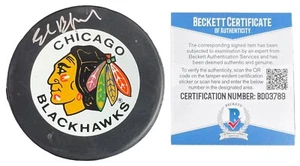 ED BELFOUR SIGNED CHICAGO BLACKHAWKS IN GLASCO GAME PUCK BECKETT COA BD03789 - Picture 1 of 2