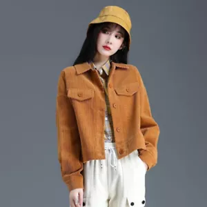 Women Corduroy Short Jacket Long Sleeve Shirt Button Corduroy Outerwear - Picture 1 of 11