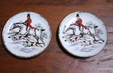 Pair Vintage Coimbra Portugal Equestrian Hunting Ceramic Saucer Plates Coasters