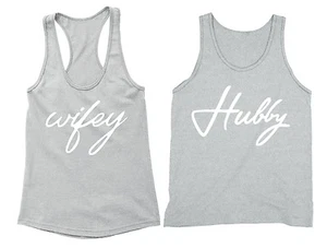 Couples Matching Tanks Wifey Hubby Matching Couple Vneck + Crewneck Tanktops Gry - Picture 1 of 1