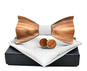 3D Mens Wooden Bow Tie Set Pocket Handkerchief Cufflink Handmade White Gift Box - Picture 1 of 1