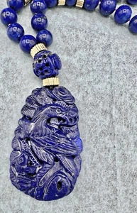 Fine Vintage Lapis 14k Gold Carved Chinese Phoenix Pendant Necklace - Picture 1 of 5