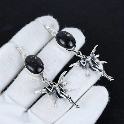 Nero Ossidiana Orecchini Gemma Fairy Design 925 Argento Gioielli Per Love Regali - Immagine 1 di 4
