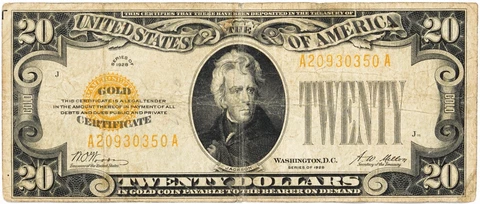 1928 Series Twenty Dollar Gold Certificate $20 Woods Mellon Signatures Cover