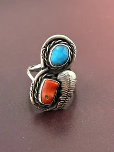 Native American Silver Turquoise And Coral Ring size 7 - Picture 1 of 4