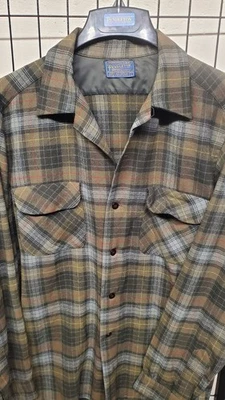 Vtg 60's 70's Pendleton Wool Flannel Board Shirt Sz L Loop Collar Brown Plaid - Image 1 of 4