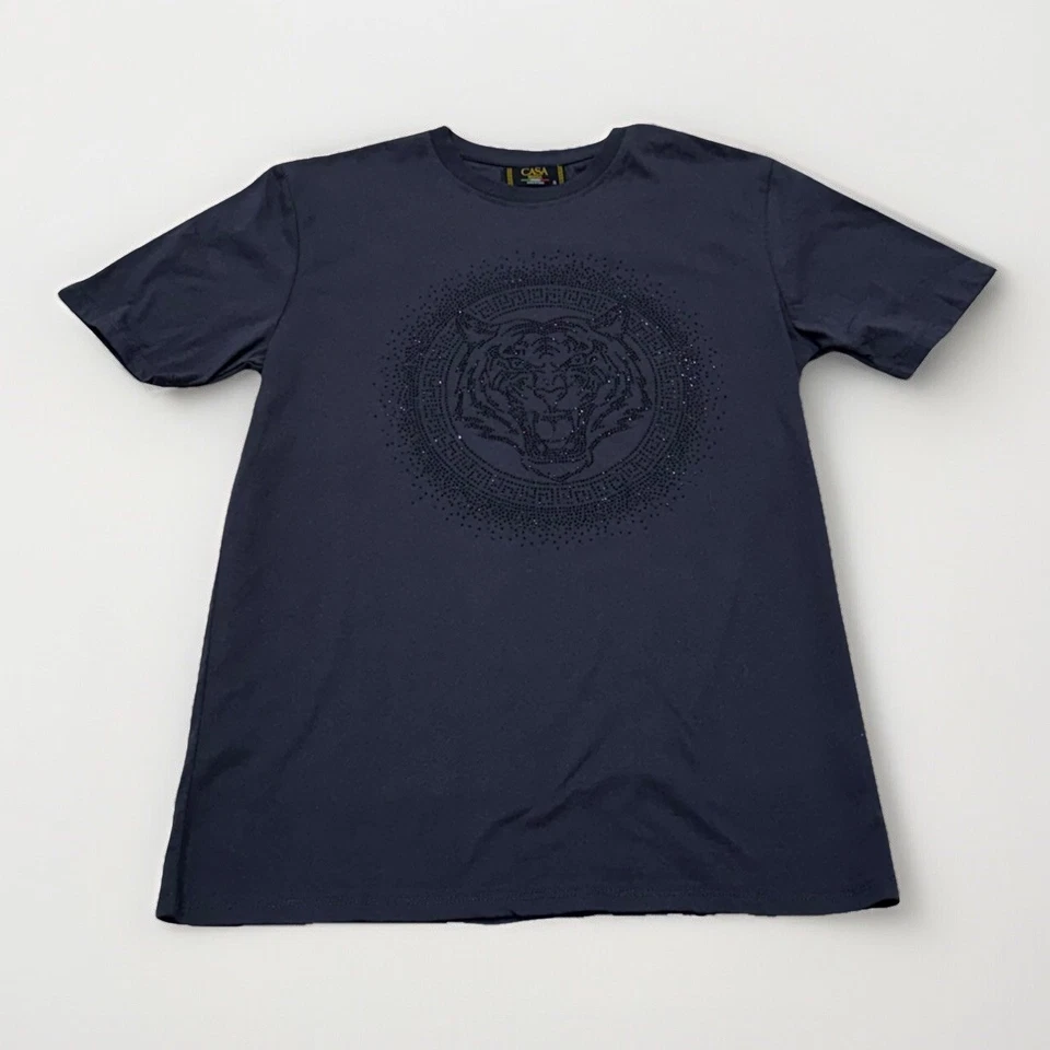 Men’s Casa Moda T-shirt Black Grey Rhinestone Tiger Head Pattern Size S - Image 1 of 4